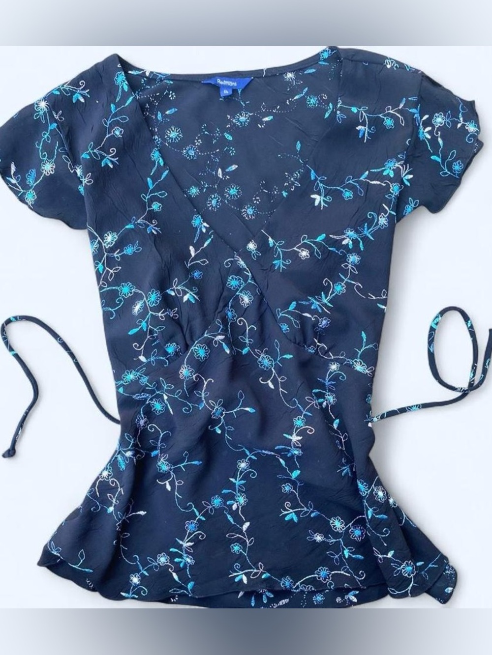 Reitmans Navy Blouse with Blue Embroidered Floral Detail